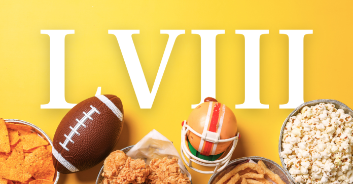 "LVIII" over a yellow background with various images of Super Bowl decorations and snacks