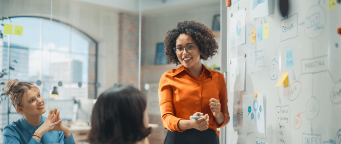 A woman standing in front of a white board talking to teammates sitting at a table.