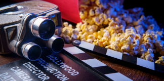 Popcorn, an old-timey camera, and a clapboard